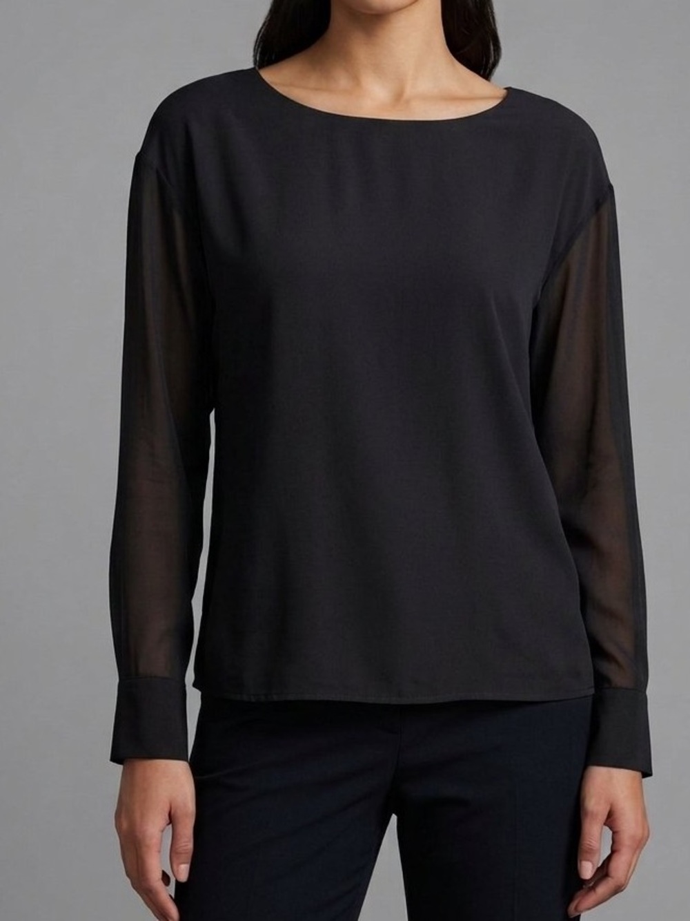 Ecru Black Silk Sheer-Sleeve Boatneck Blouse
